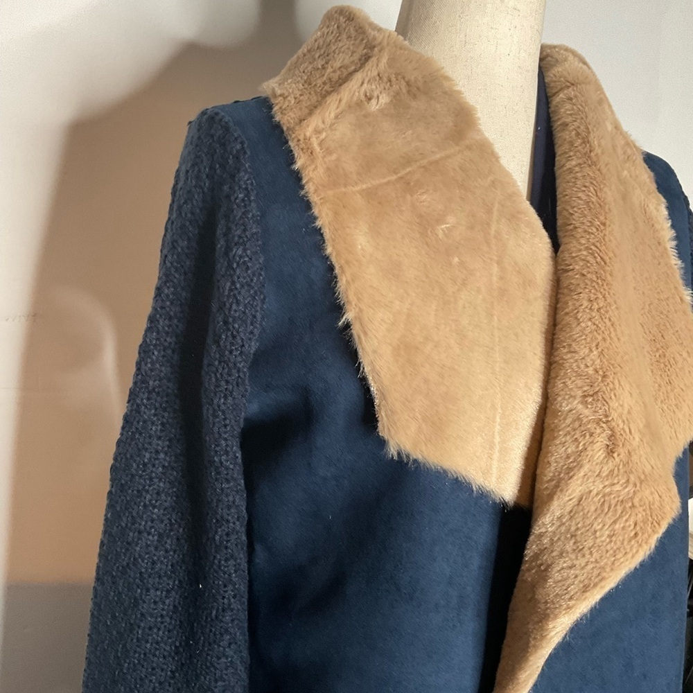 Lovestitch Navy Blue Vegan Leather Fur Shawl Collar Knit Jacket Size Medium